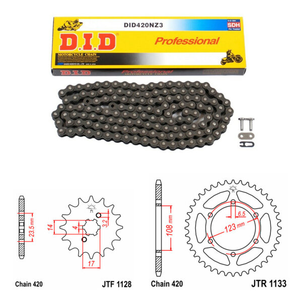 Kit chaîne DID/JT 420NZ3 SDH 11/53 adapté p. Derbi Senda 50 SM DRD Racing 11-17