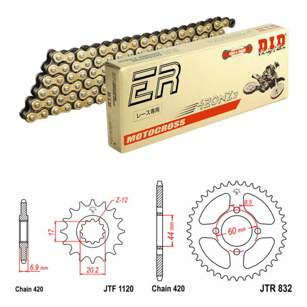 Set catena DID/JT 420NZ3 SDH 12/52 adatto per MBK 50 X-LIMIT Enduro 97-02