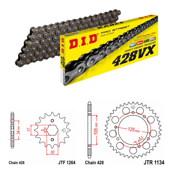 Kit de cadena DID/JT 428VX 17/54 adecuado para Derbi Senda 125 R 04-08