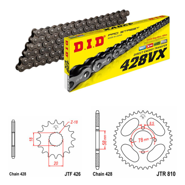 Kit catena DID/JT 428VX 14/48 adatto per Hyosung GA 125 Cruise 1996