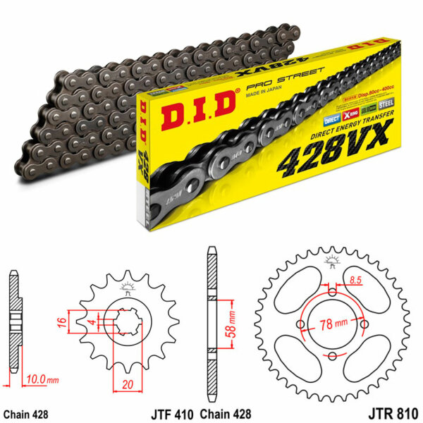 Kit chaîne DIDJT 428VX 14/48 adapté pour Hyosung XRX 125 00-06