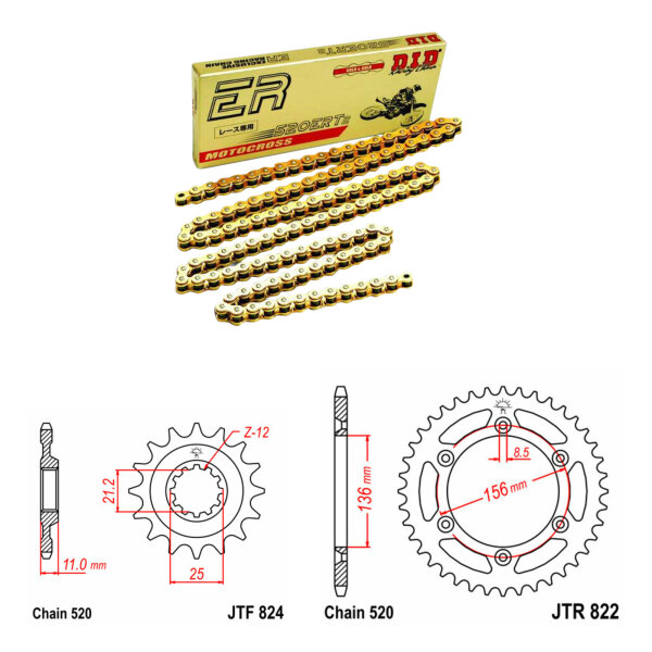 Kit chaîne DID/JT 520ERT3 SDH 15/50 compatible pour Husqvarna TC 510 05-09