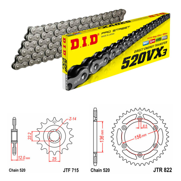 Kit catena DID/JT 520VX3 13/48 adatto per Gas Gas FSE 450 03-07