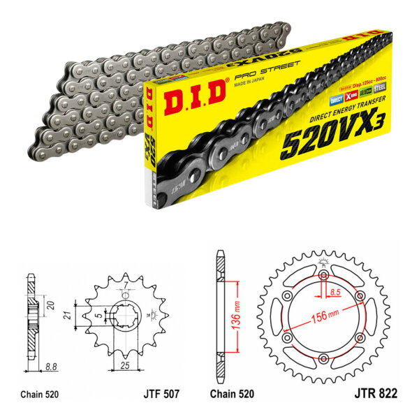 Kit catena DID/JT 520VX3 14/48 adatto per Husqvarna WR 250 93-97