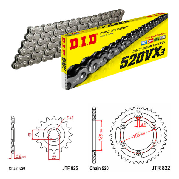 Kit chaîne DID/JT 520VX3 13/50 adapté pour Husqvarna TE 310 i.e. 11-13