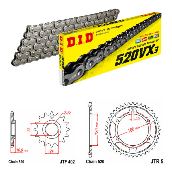 Kit de cadena DID/JT 520VX3 16/47 adecuado para Husqvarna TR 650 Terra ABS 13-15