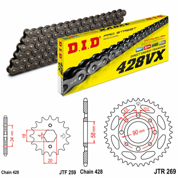 Kit de cadena DID/JT 428VX 16/43 adecuado para Honda XL 125 RL Paris Dakar 85-86