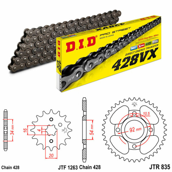 DID/JT chain kit 428VX 16/45 suitable for Yamaha RD 125 LC 1986