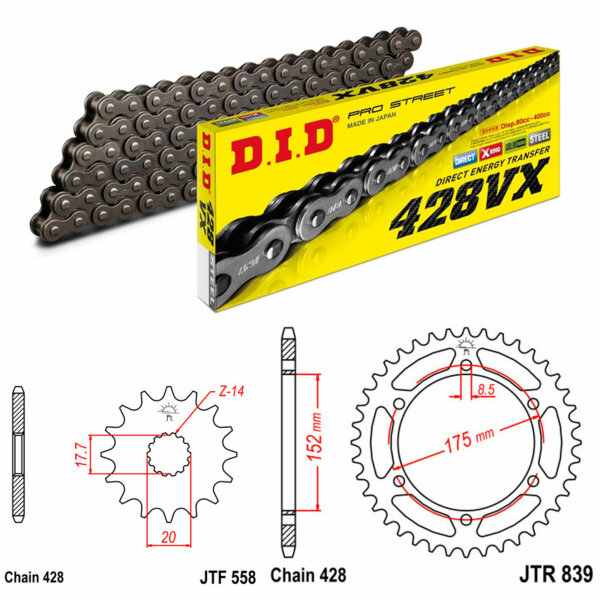 Kit de cadena DID/JT 428VX 16/57 adecuado para Yamaha DT 125 R 99-03