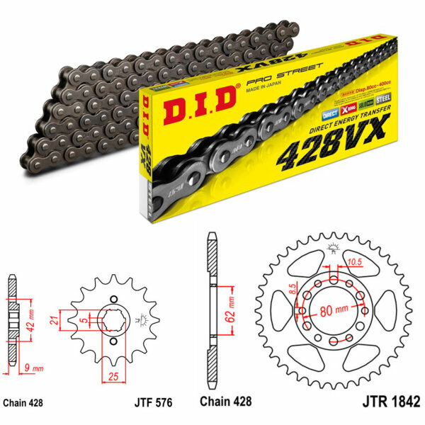 Ensemble chaîne DID/JT 428VX 19/52 adapté pour Yamaha XT 350 H/N 85-95