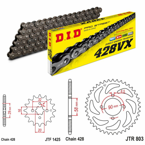 Kit chaîne DID/JT 428VX 14/45 adapté pour Suzuki GSX-R 125 17-24