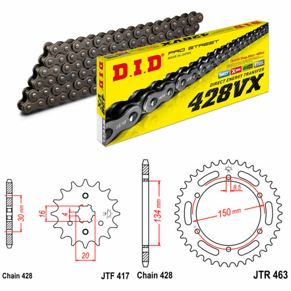 Kit de cadena DID/JT 428VX 14/48 adecuado para Kawasaki KMX 125 B 91-03