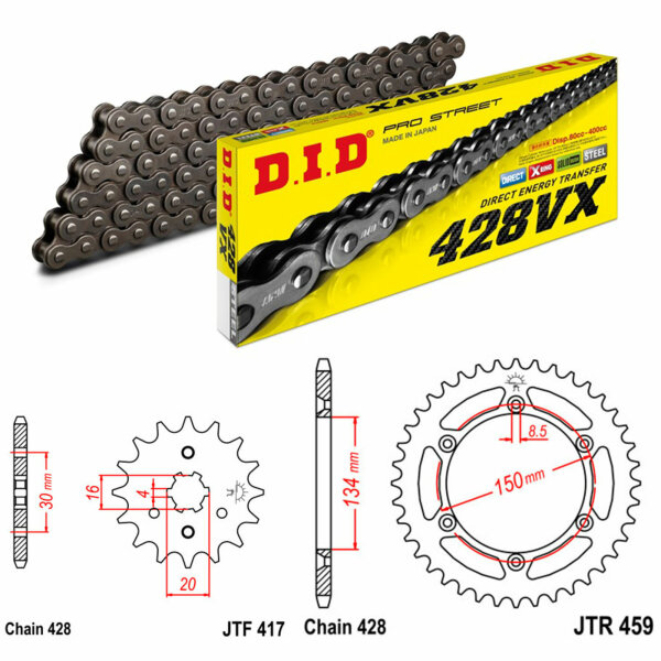 Kit chaîne DID/JT 428VX 15/52 adapté pour Kawasaki KDX 125 SR 90-99