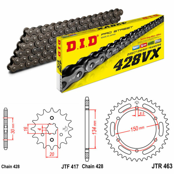 Kit chaîne DID/JT 428VX 16/48 compatible avec Kawasaki KMX 125 99-02