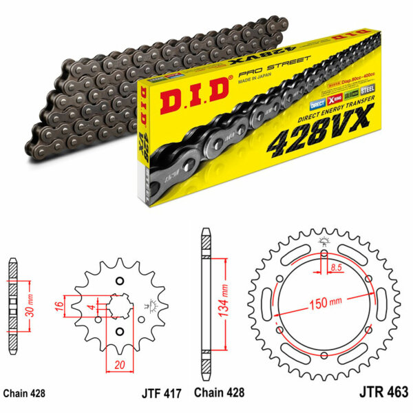 Kit chaîne DID/JT 428VX 16/50 adapté pour Kawasaki KMX 200 88-91